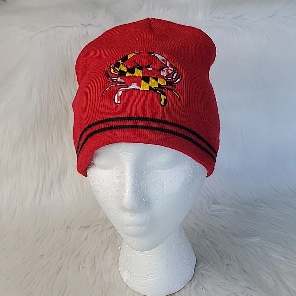 SPORT TEK Maryland Flag Embroidered Crab Red Black Beanie Knit Winter Skull Hat‎